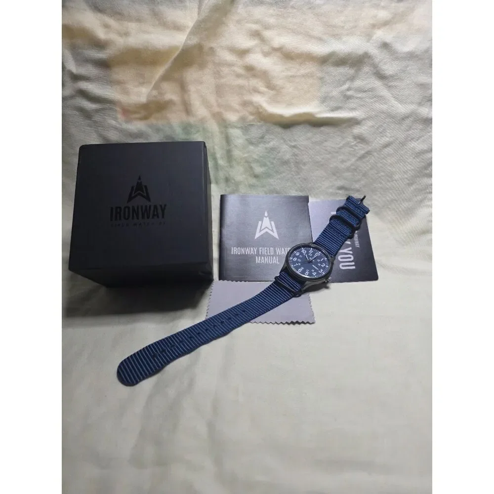 Ironway Military Field Watch Blue Dial Day Date Quartz Blue NATO Strap Box - US
